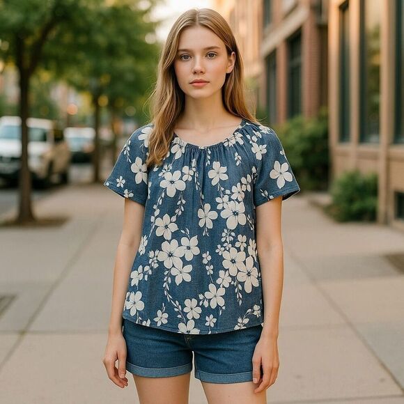 Floral Top For Women Size Medium Blue Floral Ruffle Front Short Sleeve - Picture 4 of 11